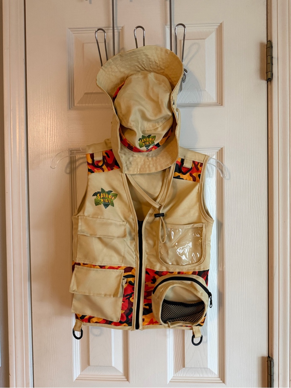 Kids Safari Vest and Bucket Hat - Tan with Orange and Red Trim Costume Dress Up